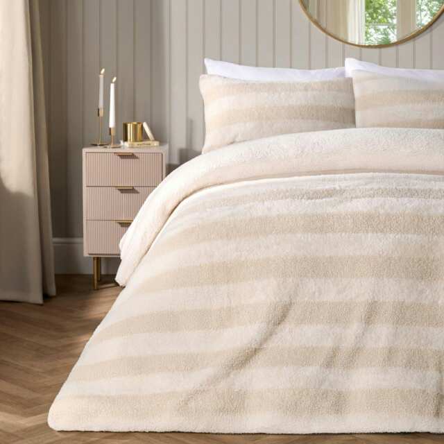 OHS Tufted Boucle Stripe Fleece Duvet Cover Set - Natural Cream Cream Double