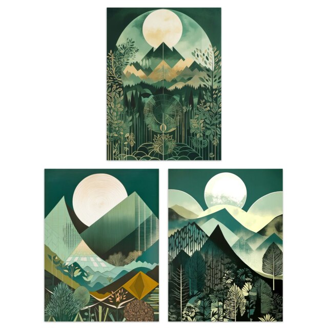 Set of 3 Modern Art Deco Forest Mountain Full Moon Landscapes Boho Wall Art Prints 12x16 Inch