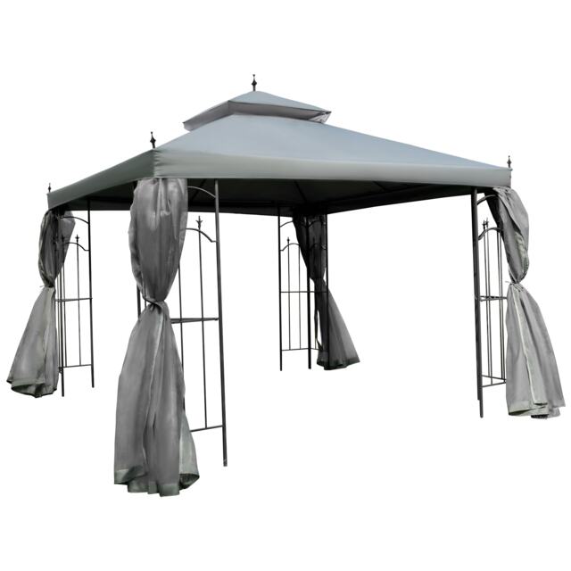 Outsunny 3 x 3(m) Garden Gazebo Double Top Gazebo Canopy w/ Mesh Grey Grey