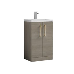Balterley Level Compact Bathroom Cloakroom Vanity Basin Unit with Ceramic Basin, Handles, Mid Oak Brown Grey Vicenza Oak 840 x 510 x 360mm