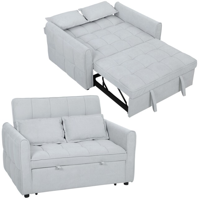 HOMCOM 2 Seater Sofa Bed, 3-in-1 Convertible Sleeper Sofa with Click-clack Adjustable Backrest and 2 Pillows, Pull Out Corn Velvet-feel Fabric Bed Settee for Living Room, Guest Room, Light Grey Grey Light Grey