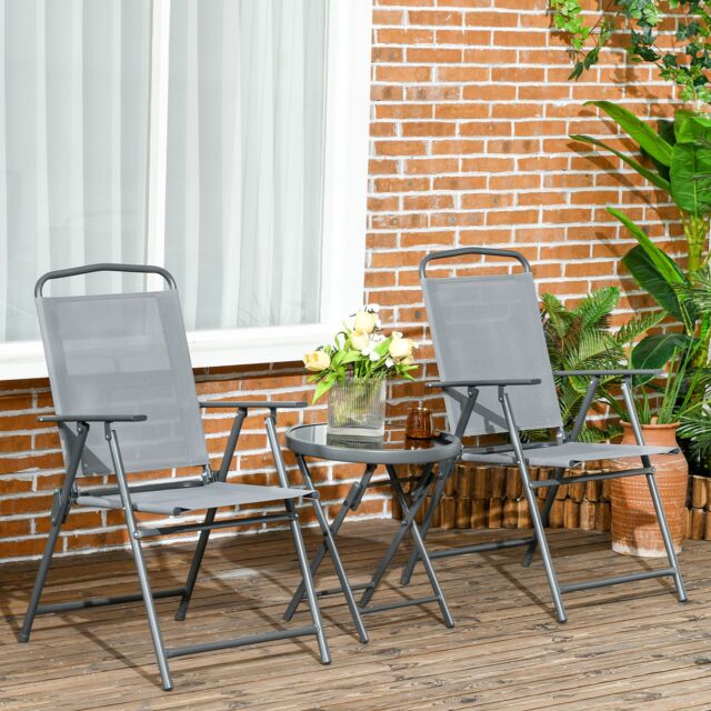 Outsunny Garden Bistro Set, 3 Pieces Table and Chairs Set, Outdoor Garden Furniture with Foldable Breathable Mesh Fabric Armchairs & Glass Top Coffee Table Grey