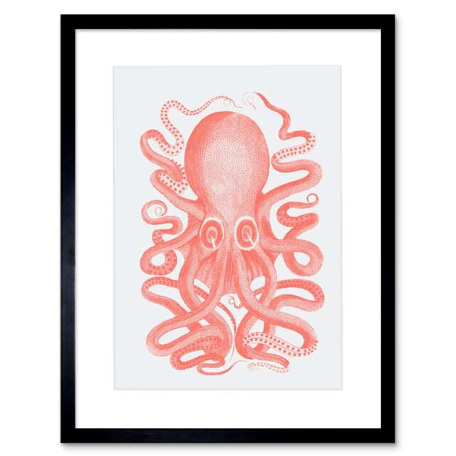 "Living Coral Octopus Bathroom Home Decor 12x16"" Framed Wall Art Print"