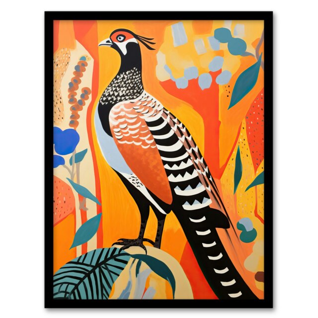 Autumn Pheasant Bird Portrait Vibrant Folk Art Black Framed Wall Art Print A4