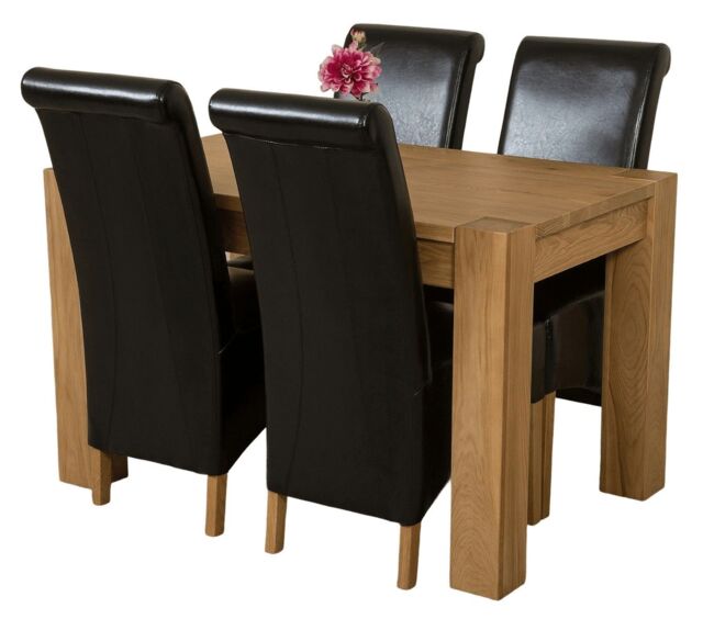 Kuba 125 x 80 cm Chunky Oak Small Dining Table and 4 Montana Leather Chairs Black Black