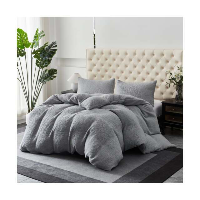 Ezysleep Winter Soft Teddy Fleece Fabric Duvet Set Warm And Cosy Bedding Grey Silver