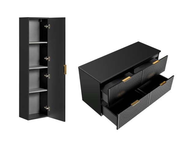 Bathroom Furniture Set Black Drawer Cabinet 1200mm Countertop Vanity and Tall Wall Unit - Adel