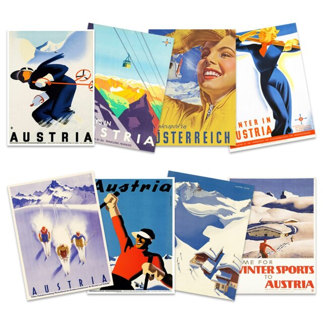 Pack of 8 Austria Skiing Travel Winter Sport Snow Alps Wall Art Print Poster Home Decor Premium 12x16 Inch