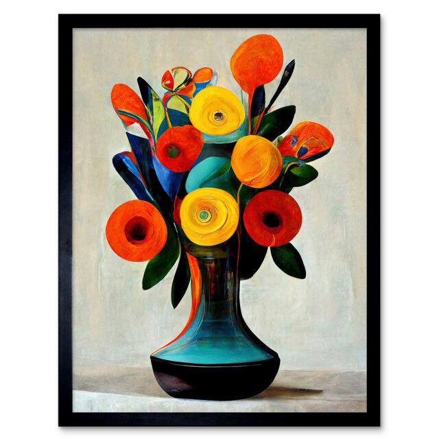 Mid Century Style Bright Floral Bouquet Flowers Orange Framed Wall Art Print