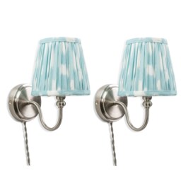 ValueLights Neely Pair Chrome Wall Lights Blue Taper Shade and Bulbs