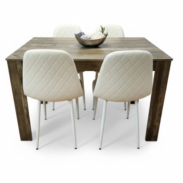 Rustic Effect Wooden Dining Table and 4 Cream Gem Pattern Chairs - Dining Furniture Set