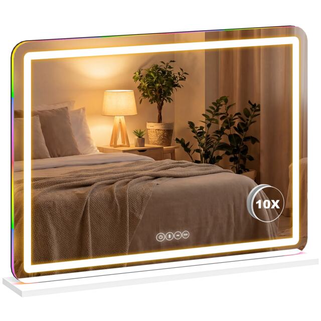 HOMCOM Vanity Mirror with Lights and Bluetooth Speaker, 80 x 60 cm, White White White 80 x 20 x 60 cm