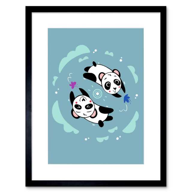"Panda Bear Friends Cute Kawaii Cartoon Kids Bedroom 9x7"" Black Framed Wall Art Print"