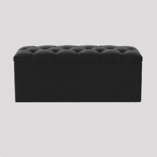 90cm Luna Chesterfield Ottoman Storage Box - Black Plush Velvet Upholstered Blanket Box
