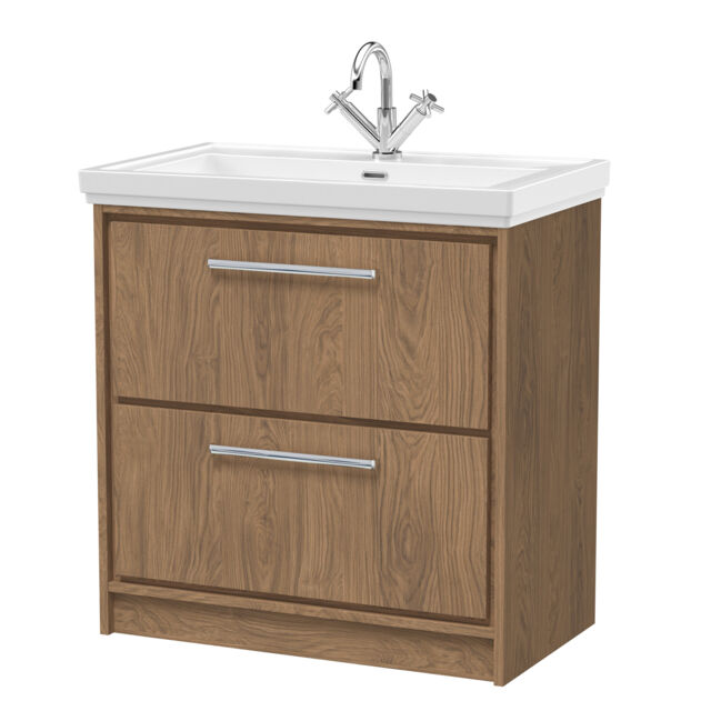Balterley Longnor 2 Drawer Floor Standing Vanity Unit with 1 Tap Hole Traditional Fireclay Basin, Antique Oak, 800mm