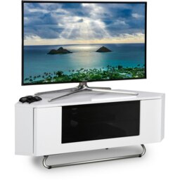 "Centurion Supports Hampshire Corner-Friendly Gloss White with Black Contrast Beam-Thru Remote Friendly Door 26""-50"" Flat Screen TV Cabinet White 1"
