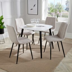 Aspen White 80cm Square Dining Table with 4 Upholstered Cord Fabric Diamond Stitch Chairs - Stylish Compact Dining Set White Natural 1
