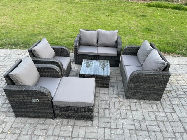 Fimous 7 Seater Rattan Sofa Set Outdoor Garden Furniture Set with Square Coffee Table Loveseat Sofa Reclining Chairs Big Footstool Dark Grey Mixed