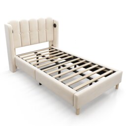 Abrihome Upholstered Single Bed with USB and Type-C Charging, 3FT Bed Frame with Wooden Slatted Frame, 90 x 190 cm, Beige, Velvet (No Mattress)