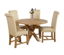 Oregon Round Oak Dining Table and 4 Washington Leather Chairs Cream Cream 1