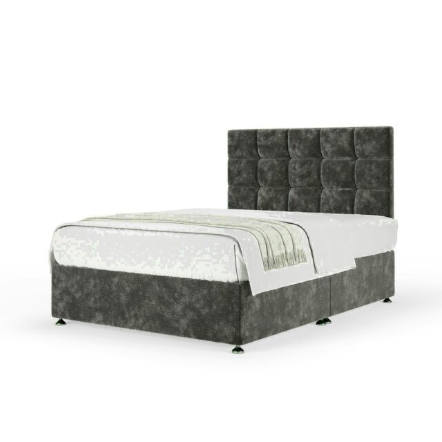 Charcoal Chenille No Drawer Divan Base and Pearl Headboard Small Double