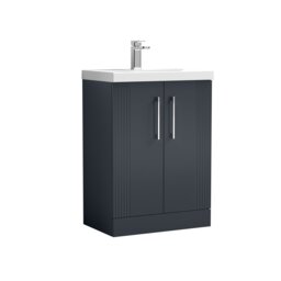 Balterley Partial Fluted 2 Door Floor Standing Vanity Unit with Mid-Edge 1 Tap Hole Ceramic Basin Grey Satin Soft Black