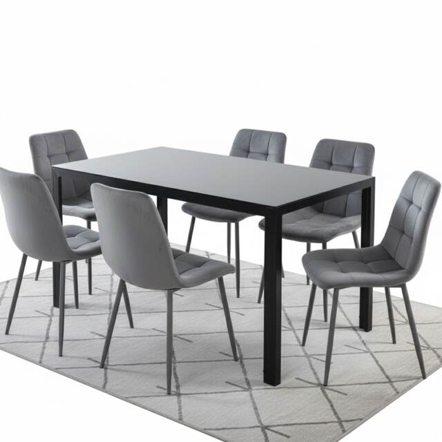 Black Glass Dining Table Set With 6 Grey Velvet Chairs Dining Room Furniture