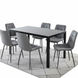 Black Glass Dining Table Set With 6 Grey Velvet Chairs Dining Room Furniture