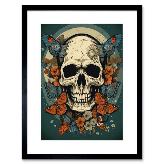 "Skull Moths Old School Tattoo Ink Rockabilly Americana 50s 9x7"" Black Framed Wall Art Print"