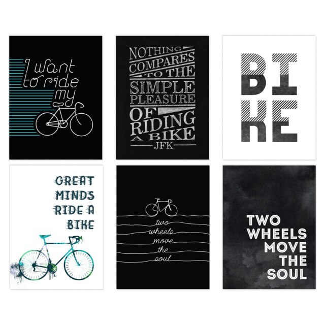 Pack of 6 Love Cycling Bicycle Theme Quote Black White Bike Wall Art Prints 12x16 Inch