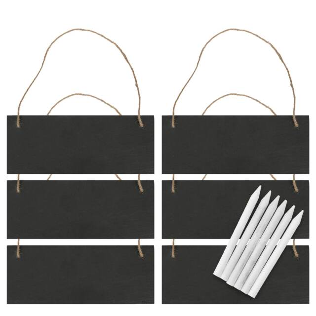 Nicola Spring Rectangle Slate Memo Boards with Rope & Chalk Pencils - 25cm x 10cm - Black - Pack of 6