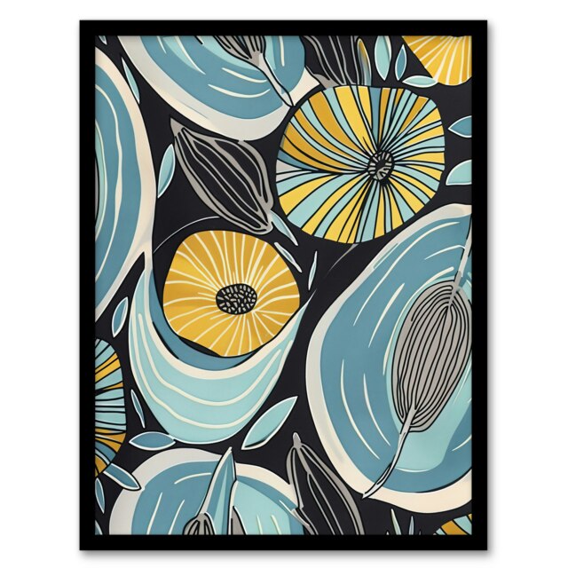 Abstract Yellow Flowers Seeds Living Room Black Framed Wall Art Print A4