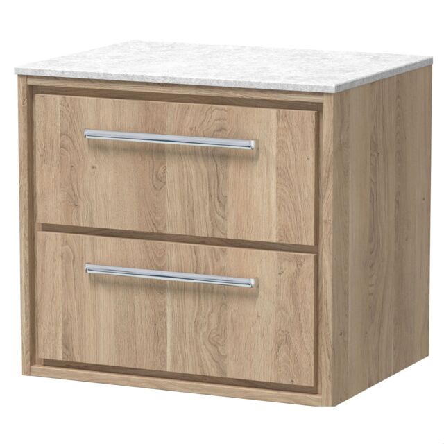 Balterley Longnor 2 Drawer Wall Hung Vanity Unit with White Marble Worktop, Light Oak, 600mm