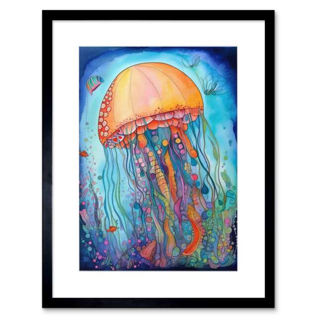 "Jellyfish Aquatic Plants Folk Art Watercolour 9x7"" Black Framed Wall Art Print"