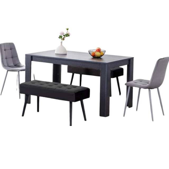 Kosy Koala Modern Dark Grey Dining Table Set with 2 Grey Velvet Chairs And 2 Black Benches