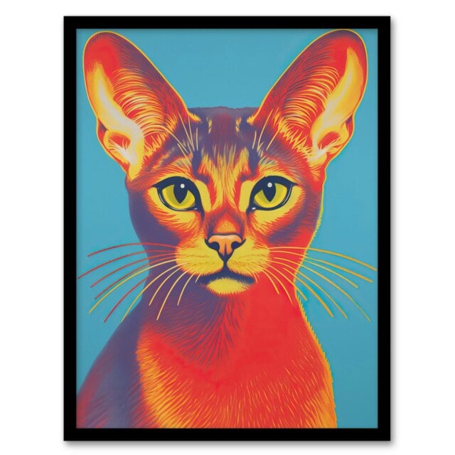 Abyssinian Cat Bold Vibrant Rich Red Gold On Black Framed Wall Art Print A4