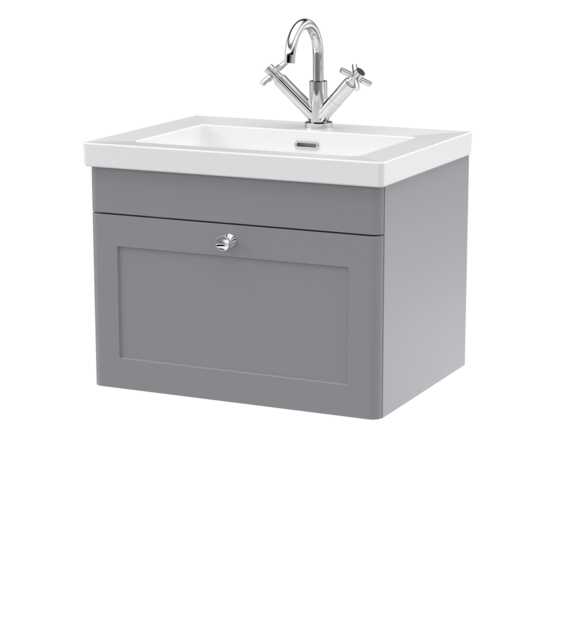 Balterley Swynnerton Traditional 1 Drawer Wall Hung Vanity Unit with Fireclay Basin, Satin Grey, 600mm