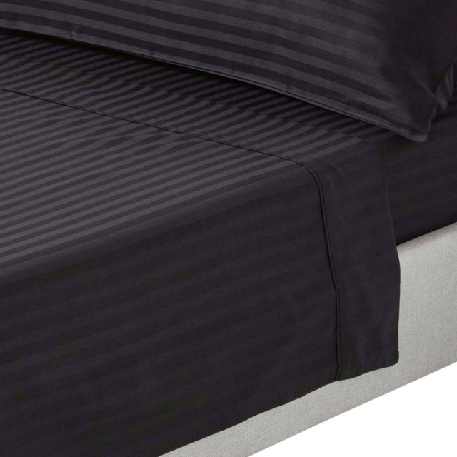 Homescapes Black Egyptian Cotton Satin Stripe Flat Sheet 330 TC, Double Black Double