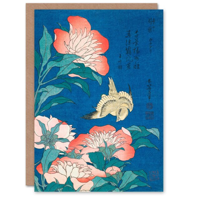 Katsushika Hokusai Japanese Art Card Canary and Peony Flowers