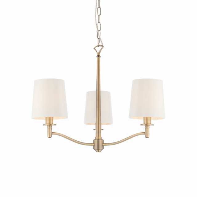 Ortona 3 Light Multi Arm Pendant Matt Antique Brass, Vintage White Faux Silk, E14