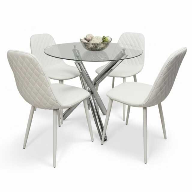 Round Clear Glass Dining Table with Chrome Metal Legs and 4 White Leather Padded Chairs, Modern Dining Set