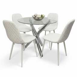 Round Clear Glass Dining Table with Chrome Metal Legs and 4 White Leather Padded Chairs, Modern Dining Set