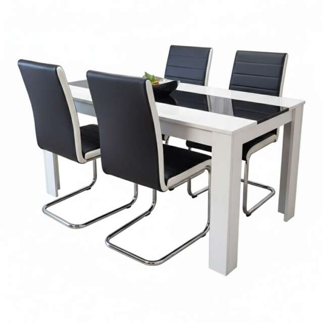 Modern White And Black Dining Table Set With 4 Faux Leather Chairs Dining Room Furniture