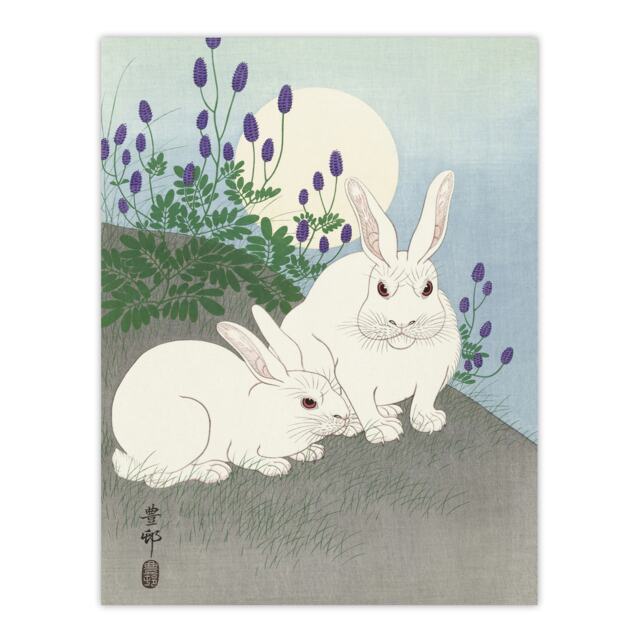 "Two Rabbits At Full Moon Vintage Japan Wall Art Print Ohara Koson 18x24"""