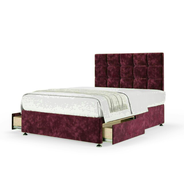 Aubergine Chenille 2 Drawer Divan Base and Pearl Headboard Super King