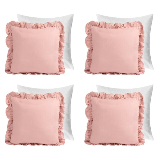 OHS 4 x Faux Linen Frill Edged Filled Cushions, 45x45cm - Blush Pink Pink Blush Pink 45 x 45cm 4