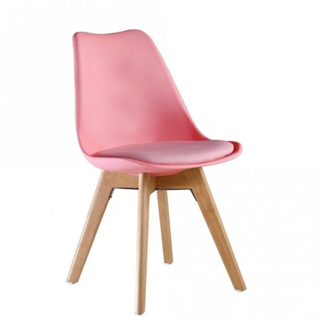 Single Scandinavian Dining Chair with Leather Cushions Solid Wood Legs Pink