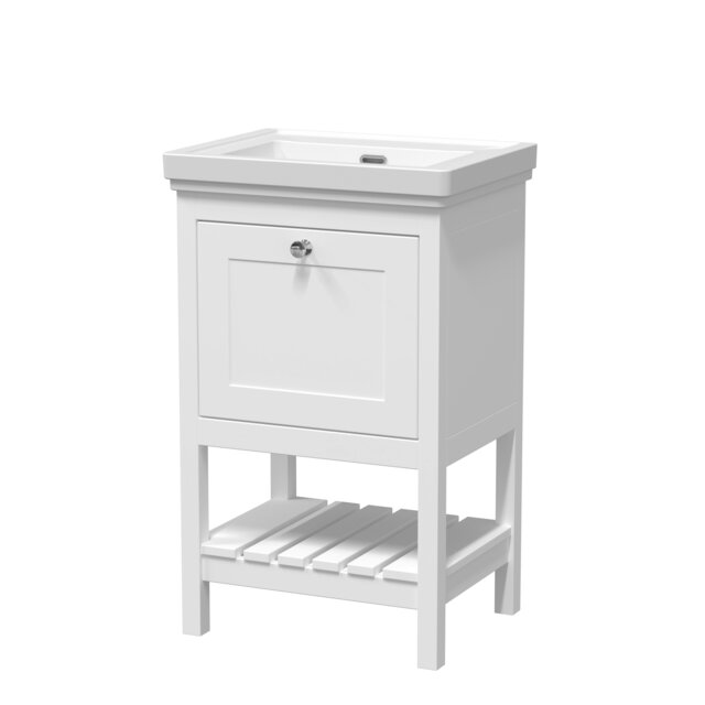 Traditional Furniture Floor Standing 1 Drawer Vanity & 0 Tap Hole Fireclay Basin, 500mm, Pure White Multi