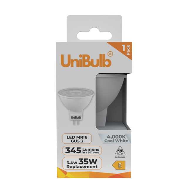 UniBulb LED MR16 GU5.3 345lm 3.4W (Replaces 35W) 4000K (Cool White) Spot Downlight Ceiling Light Bulb - Pack of 1 White Cool White 1