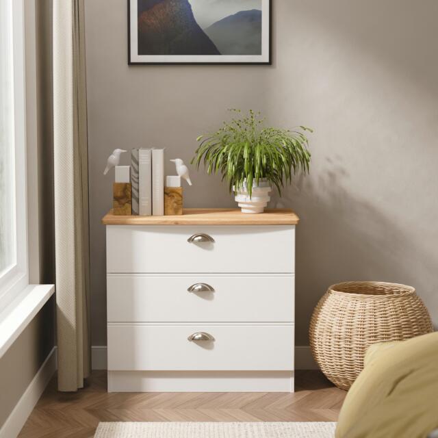 Albert 3 Drawer Chest of Drawers in White Ash & Riviera Oak (Ready Assembled) White White Ash & Riviera Oak